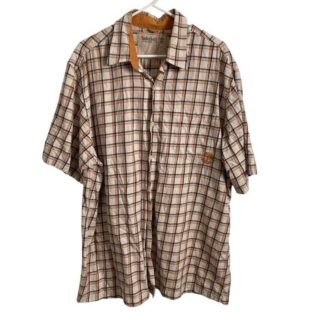 99/2000s Timberland Mens Plaid S/S Button Up XL Gold Hip Hop R&B Rap Trendy